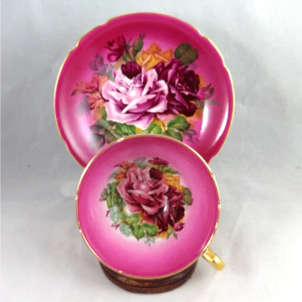 Vintage Signed Stanley England Raspberry Pink Tea Cup and Saucer Cabbage Rose
